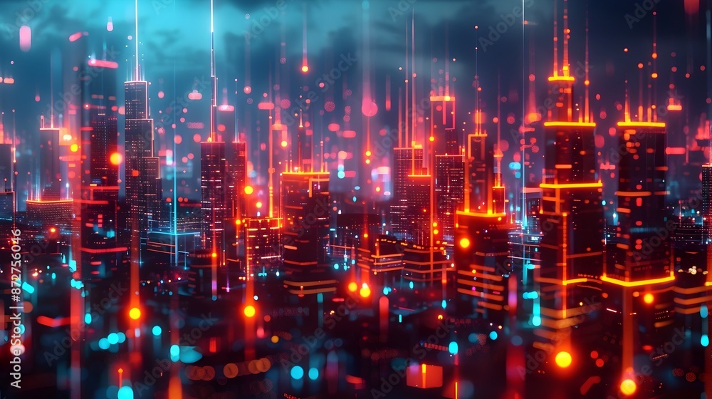 Smart City Skyline with Interconnected Sensors and Glowing Data Lines in Night Scene Smart City Skyline with Interconnected Sensors and Glowing Data Lines in Night Scene