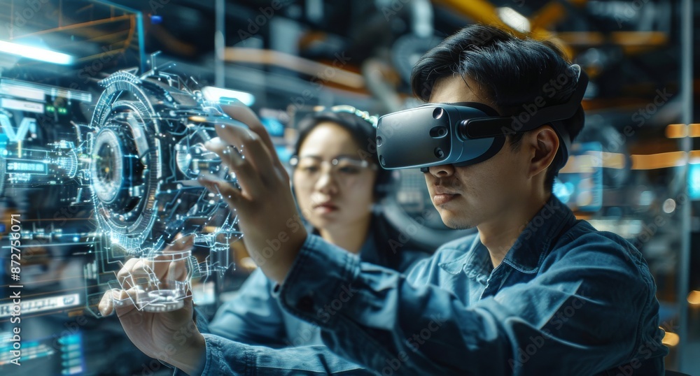 Asian engineers interact with virtual reality technology in a high-tech lab Asian engineers interact with virtual reality technology in a high-tech lab