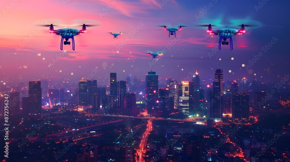 Autonomous Drones Monitoring Networked Urban Skyline at Dusk with Neon Accents Autonomous Drones Monitoring Networked Urban Skyline at Dusk with Neon Accents