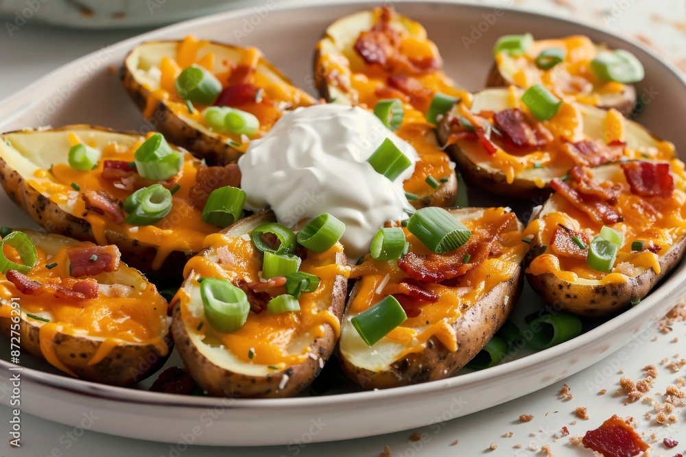 A plate of crispy potato skins loaded with cheese, bacon, and green onions, served with sour cream. Isolated on pure white background A plate of crispy potato skins loaded with cheese, bacon, and green onions, served with sour cream. Isolated on pure white background