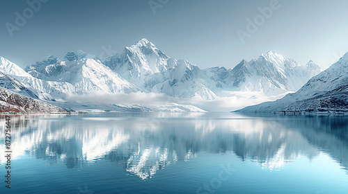 A serene winter landscape with snow-covered mountains reflecting in the calm waters of an ice lake