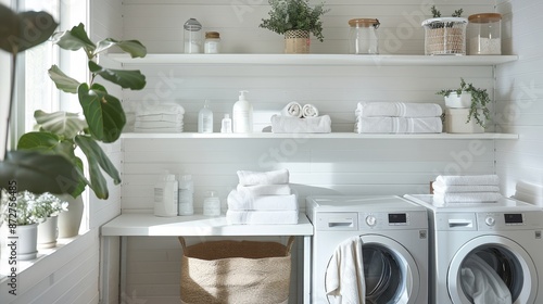 Bright and Modern Laundry Room with White Shelving