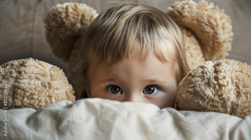 Detailed photograph of a toddler playing peek-a-boo behind a large teddy bear, eyes peeking out mischievously Detailed photograph of a toddler playing peek-a-boo behind a large teddy bear, eyes peeking out mischievously