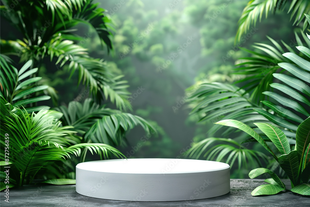 white circle display on green nature jungle, green leaves background, Minimal nature concept for product presentation white circle display on green nature jungle, green leaves background, Minimal nature concept for product presentation