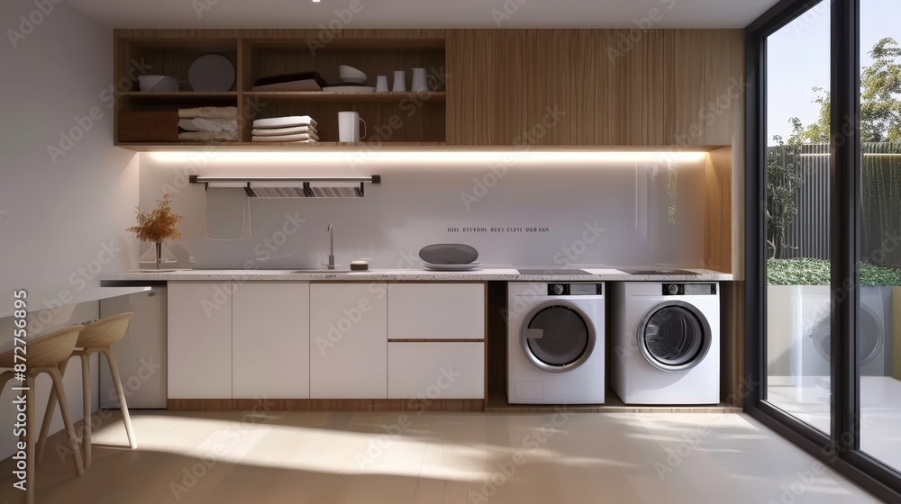 Modern Laundry Room with White Cabinets and Two Washing Machines Modern Laundry Room with White Cabinets and Two Washing Machines