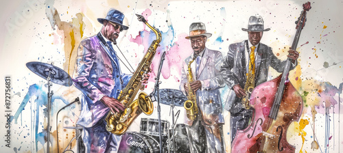 A watercolor painting depicts three jazz musicians performing on stage, featuring a saxophonist, a bass player, and a drummer