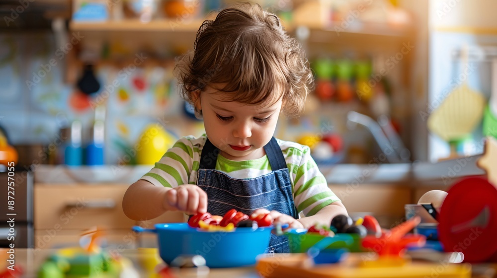 Highly detailed image of a toddler playing with a toy kitchen set, pretending to cook and serve food Highly detailed image of a toddler playing with a toy kitchen set, pretending to cook and serve food