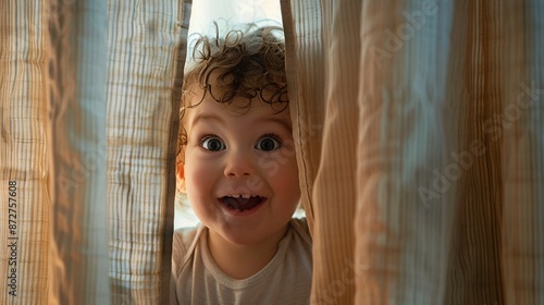 Ultra-sharp photograph of a toddler playing hide-and-seek behind a curtain, giggling with excitement photo