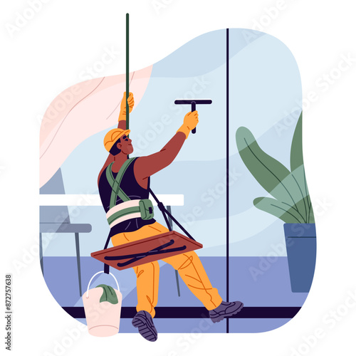 Industrial alpinist cleans window outside. Cleaning service worker washes glass of highrise building. Climber hanging on height with safety rope. Flat isolated vector illustration on white background