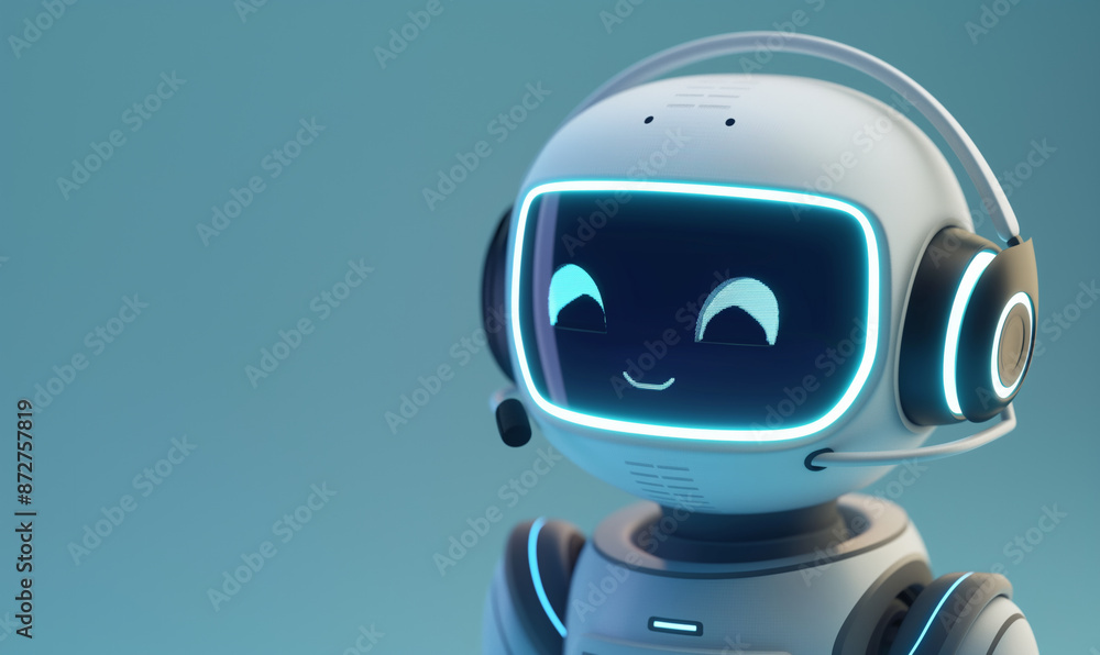 Minimalist AI call center robot with headset providing tech support on a blue background Minimalist AI call center robot with headset providing tech support on a blue background