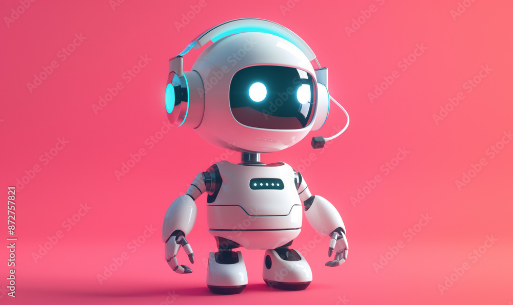 Minimalist AI robot with headset providing tech support on a pink background Minimalist AI robot with headset providing tech support on a pink background