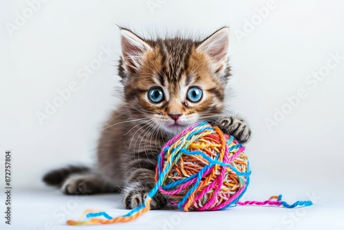 Adorable kitten with big blue eyes, playing with colorful yarn on a white background. Perfect for pet and animal themes. photo