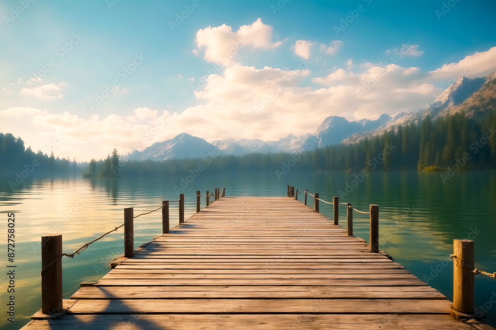 Naklejka premium Wooden dock leading to a serene mountain lake