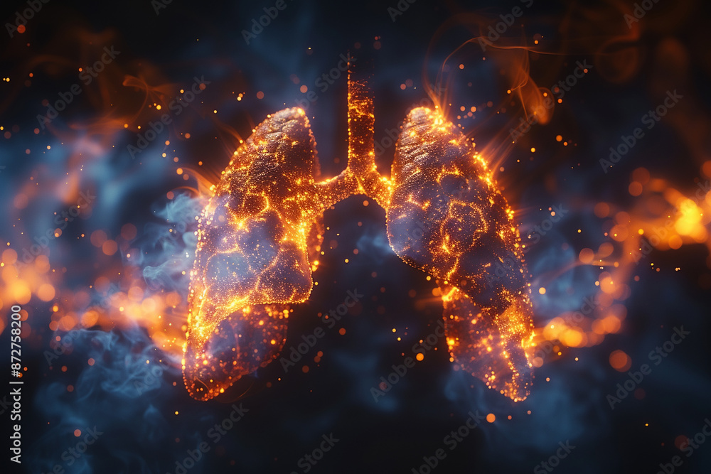 Digital artwork of fiery lungs with glowing veins and orange flames against a dark background, symbolizing health, energy, and internal strength. Digital artwork of fiery lungs with glowing veins and orange flames against a dark background, symbolizing health, energy, and internal strength.
