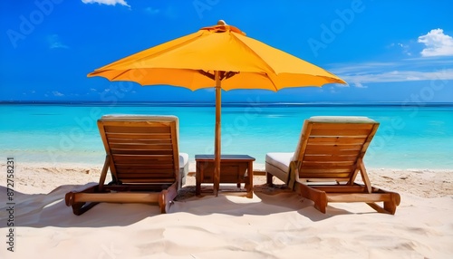 Wallpaper Mural lounge chairs and umbrella on the beach Torontodigital.ca