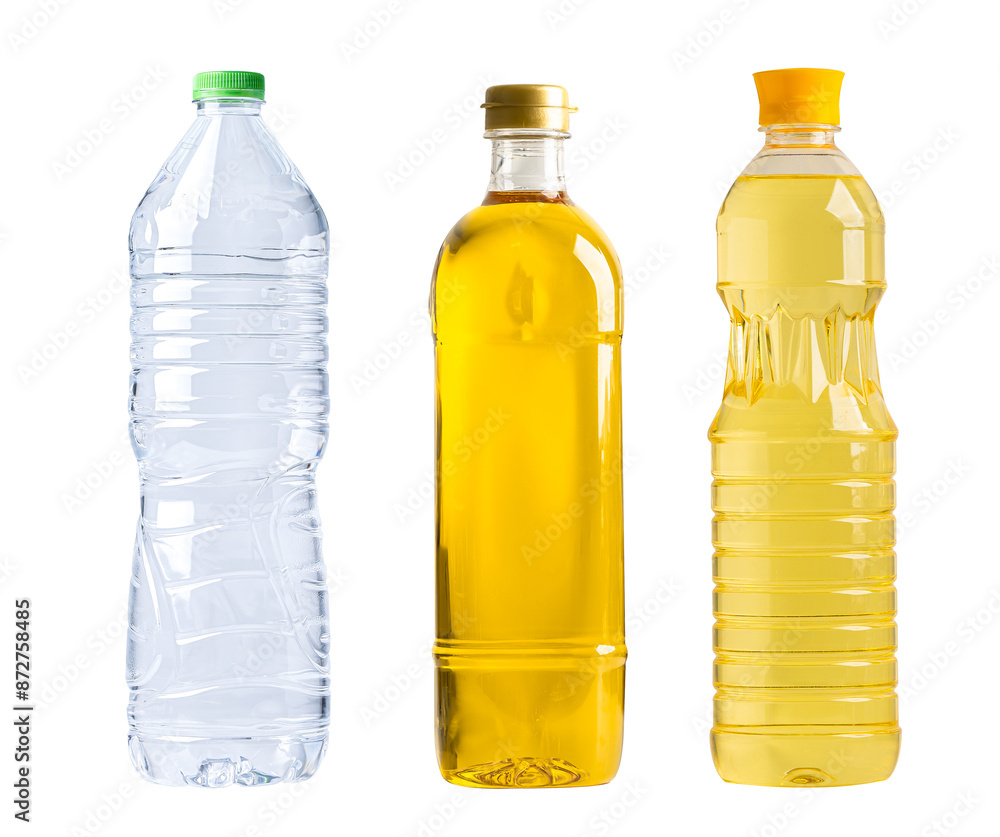 Water and Vegetable oil in different bottle for cooking isolated on white background.