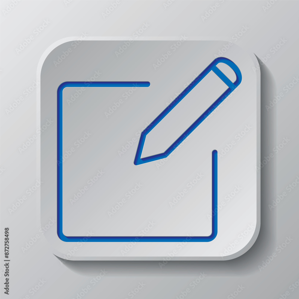 Edit simple icon vector. Flat design. Paper cut design. Cutted blue symbol with shadow. Gray badge button, gray background Edit simple icon vector. Flat design. Paper cut design. Cutted blue symbol with shadow. Gray badge button, gray background