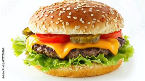 A juicy cheeseburger with a sesame seed bun, melted cheddar cheese, crispy lettuce, ripe tomatoes, and pickles. Isolated on pure white background