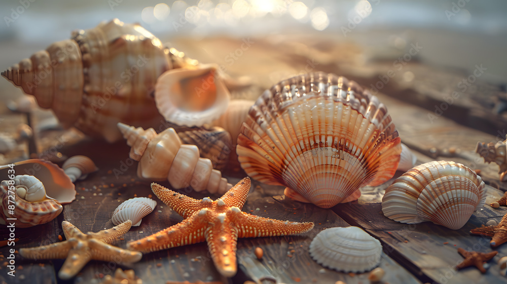 Obraz premium A collection of seashells are scattered on a wooden table