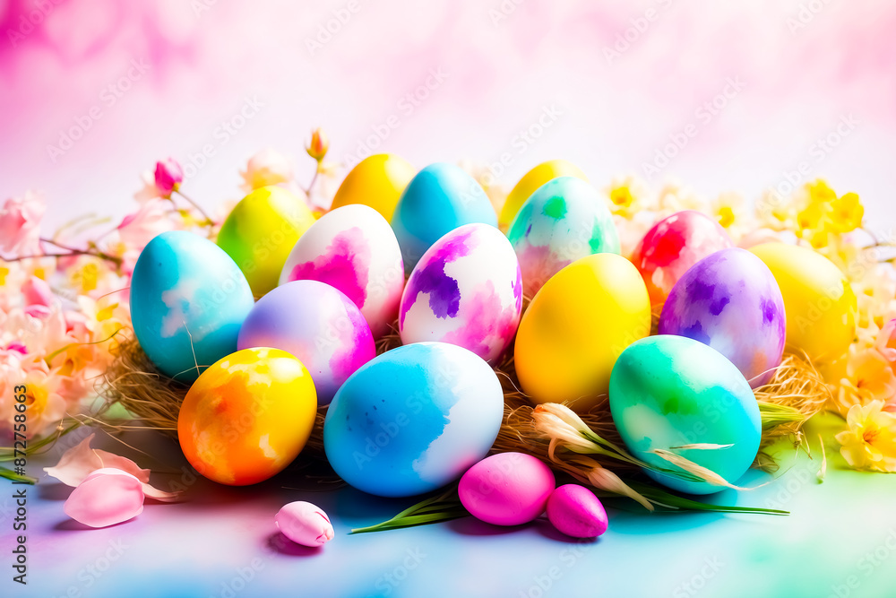 Colorful Easter Eggs in a Nest of Straw with Spring Flowers Colorful Easter Eggs in a Nest of Straw with Spring Flowers