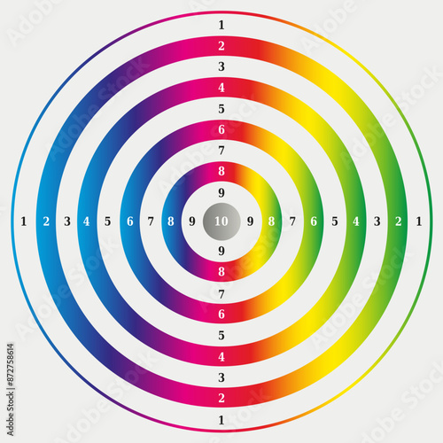 Illustration Icône de Cible Couleurs Arc-en-Ciel avec des chiffres - Cercles concentriques - Métaphore Objectif But