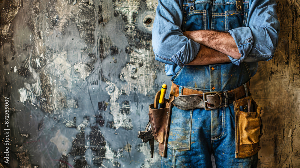 A construction worker, clad in denim overalls, stands with arms crossed in front of a textured wall. His tool belt hangs from his hips, ready for whatever task lies ahead A construction worker, clad in denim overalls, stands with arms crossed in front of a textured wall. His tool belt hangs from his hips, ready for whatever task lies ahead