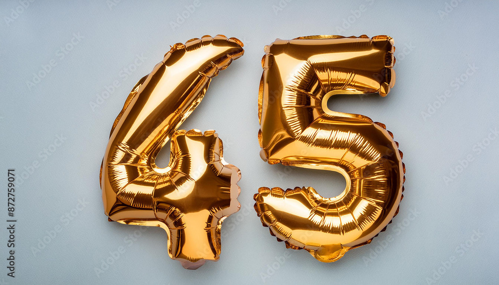 Banner with number 45 golden balloon. 45 years anniversary celebration. Blue background. Close-up. Banner with number 45 golden balloon. 45 years anniversary celebration. Blue background. Close-up.