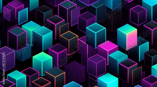 Colorful Neon Cubes Pattern on Black Background, neon