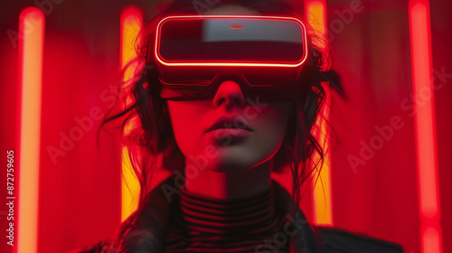 Futuristic woman wearing virtual reality headset, bathed in neon red light, experiencing immersive technology in a sci-fi environment.