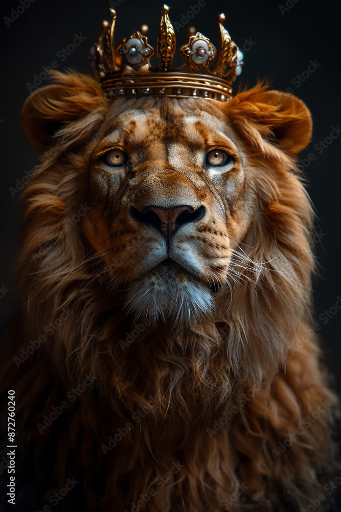 Majestic lion wearing a golden crown symbolizes royalty and strength. Perfect for animal themes or regal representations in artwork. Majestic lion wearing a golden crown symbolizes royalty and strength. Perfect for animal themes or regal representations in artwork.