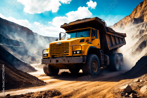 Yellow Dump Truck Driving Through a Quarry