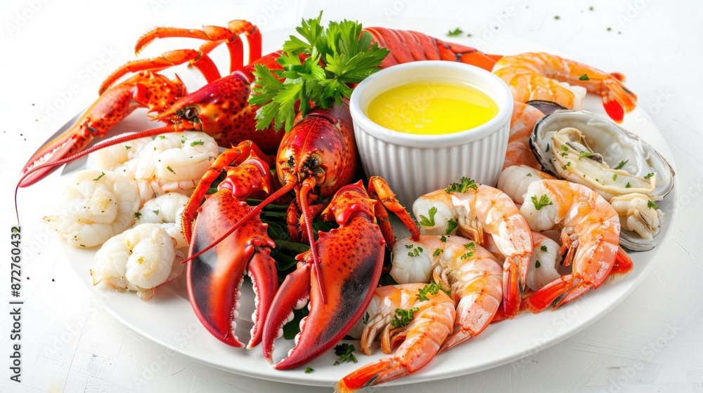 A fresh seafood platter with lobster, crab legs, shrimp, and a side of melted butter. Isolated on pure white background A fresh seafood platter with lobster, crab legs, shrimp, and a side of melted butter. Isolated on pure white background
