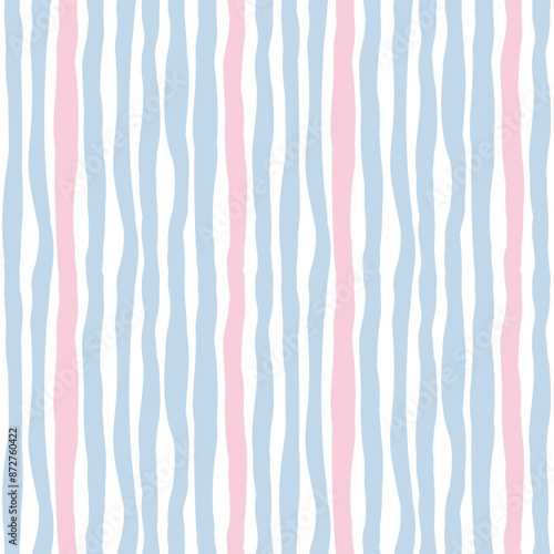 Abstract seamless pattern with colored lines. Simple hand drawn pattern with pink and light-blue vertical lines. Ornament isolated on changeable white background. Square minimalists background.