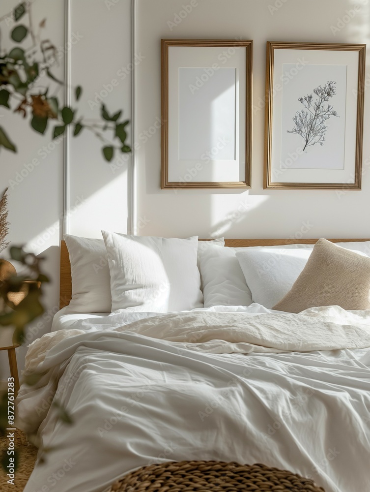 Bedroom interior with empty picture frames Bedroom interior with empty picture frames