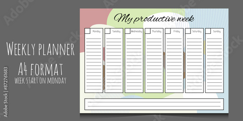 Horizontal A4 template abstract weekly planner with days of the week without dates. The week starts on Monday. Abstract shapes in pink, green blue colors. Isolated on gray background. Place for notes.