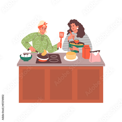 Mother and daughter eat pancakes together. Vector illustration of preparing a family breakfast.