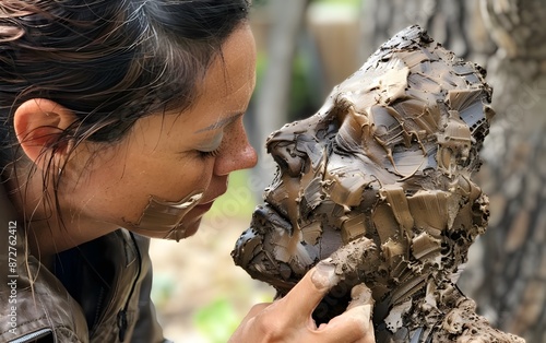 Captivating Genderfluid Sculptor Shaping Sensual Organic Ceramic Figure in Modernist Open-Air Garden Setting photo