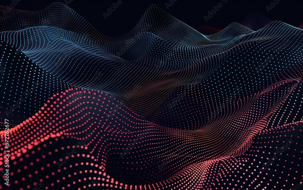 Abstract digital landscape with red and blue particles forming waves on a dark background, representing data flow and technology. Abstract digital landscape with red and blue particles forming waves on a dark background, representing data flow and technology.