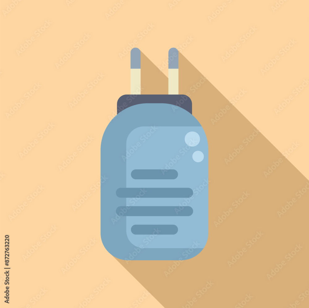 Blue mobile phone charger adaptor plugged in, on a plain background with a long shadow Blue mobile phone charger adaptor plugged in, on a plain background with a long shadow