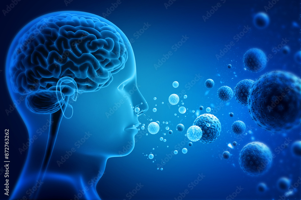 Obraz premium Human breathing germs, virus, bacteria in the air. 3d illustration.