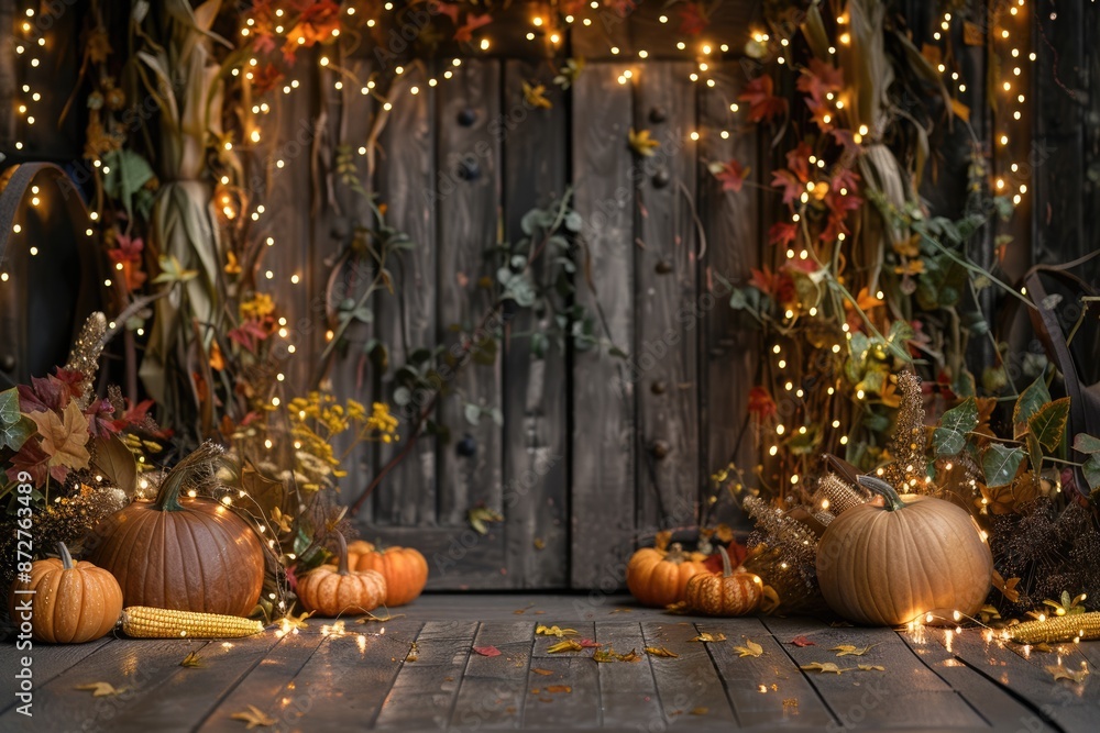 Obraz premium Pumpkins stacked on wooden boards with sparkling lights in the background