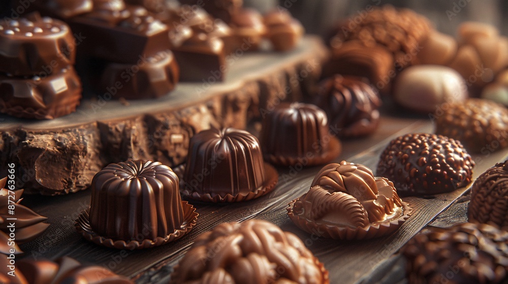 A spread of assorted chocolates sits on a wooden table. The chocolates come in various shapes, sizes, and colors, some with visible creamy centers. A spread of assorted chocolates sits on a wooden table. The chocolates come in various shapes, sizes, and colors, some with visible creamy centers.