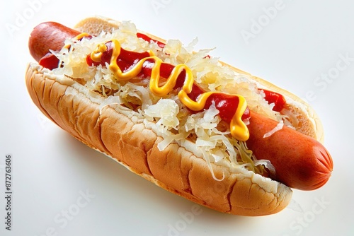 A classic hot dog topped with mustard, ketchup, and sauerkraut. Isolated on pure white background