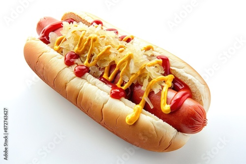 A classic hot dog topped with mustard, ketchup, and sauerkraut. Isolated on pure white background