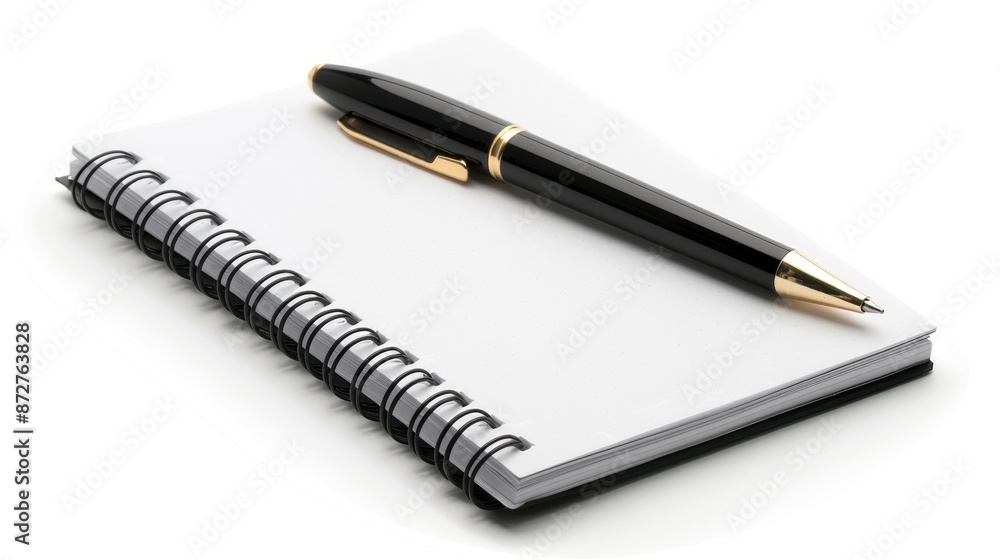 Pen and notebook separated on white backdrop Pen and notebook separated on white backdrop