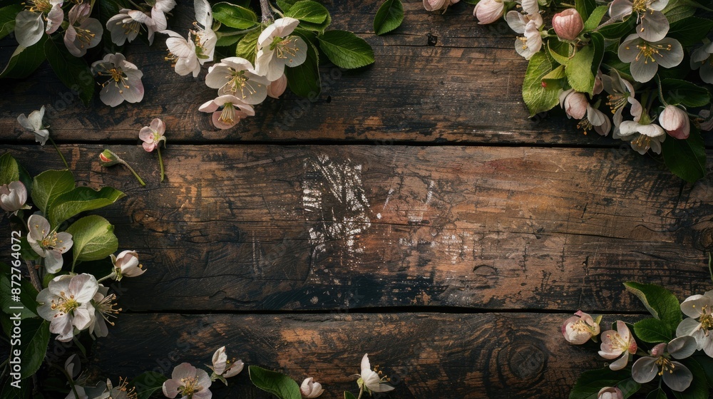 Blooming apple tree on rustic surface with empty area Blooming apple tree on rustic surface with empty area