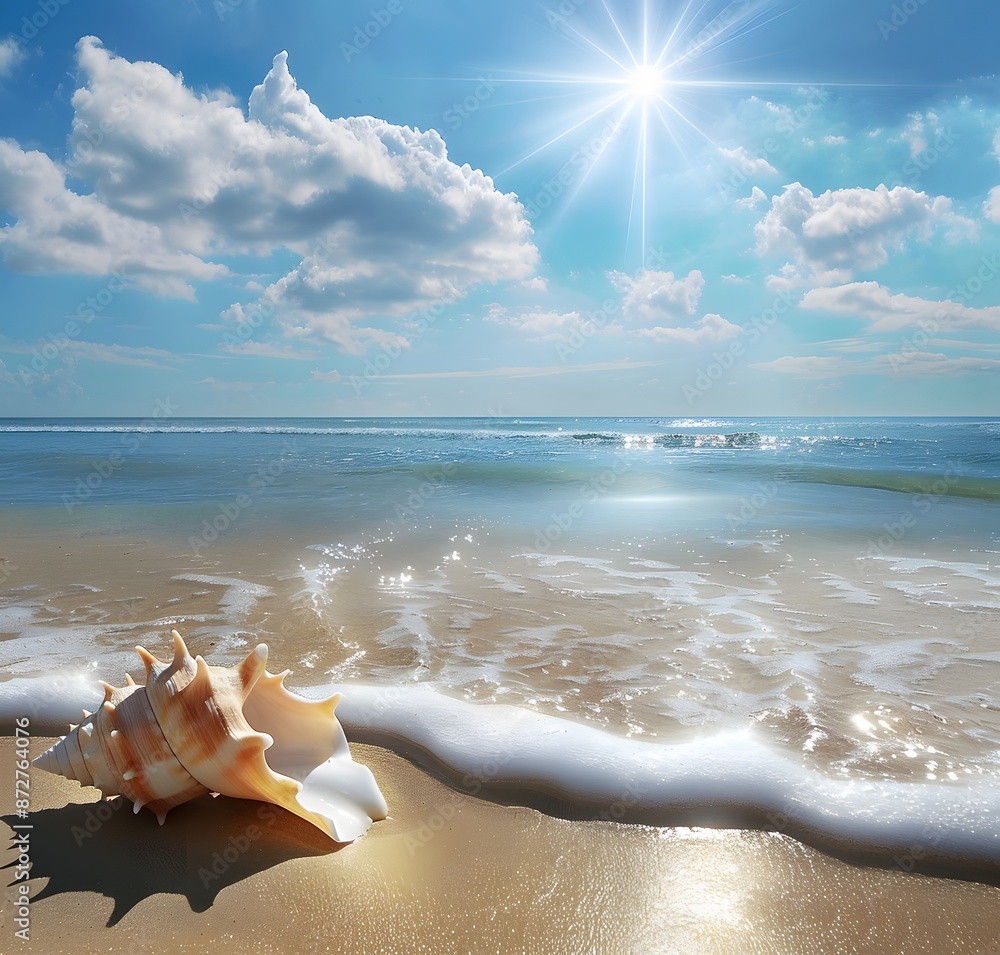 Seashell on Golden Beach with Sunny Sky