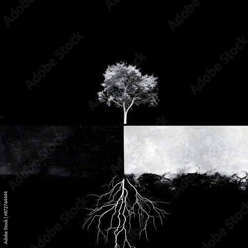 Minimalist Silhouette of a Flourishing Tree with Expansive Roots and Branches