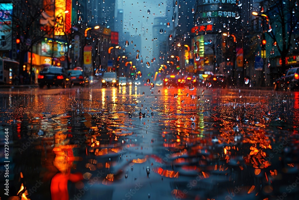 Obraz premium A blurry view of a city street scene through a rain-covered window. Raindrops streak down the glass, obscuring the view of traffic lights, cars, and pedestrians.