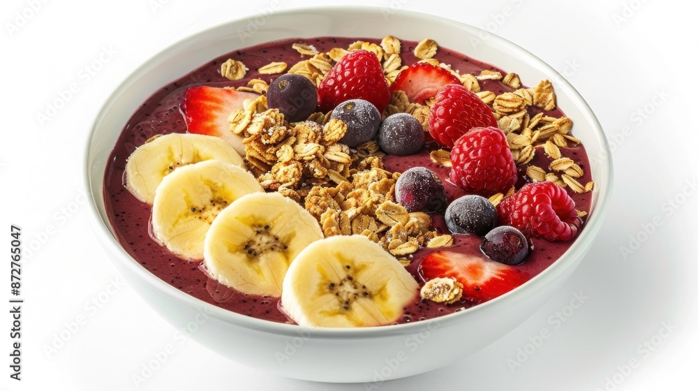 A bowl of vibrant acai smoothie topped with granola, banana slices, and fresh berries. Isolated on pure white background A bowl of vibrant acai smoothie topped with granola, banana slices, and fresh berries. Isolated on pure white background
